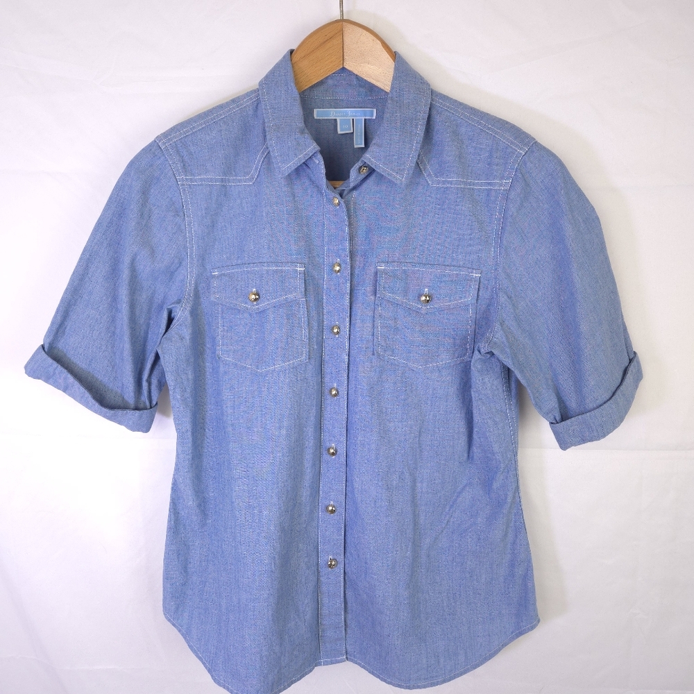 Draper James Chambray Button Down Western Blouse‎ Size 10 Rolled Cuff Coastal